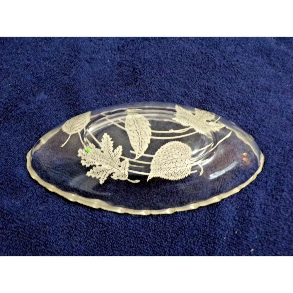 Vintage MCM Overlay‎ Glass Serving Dish w/Silver Scalloped Edge and Leaf Overlay